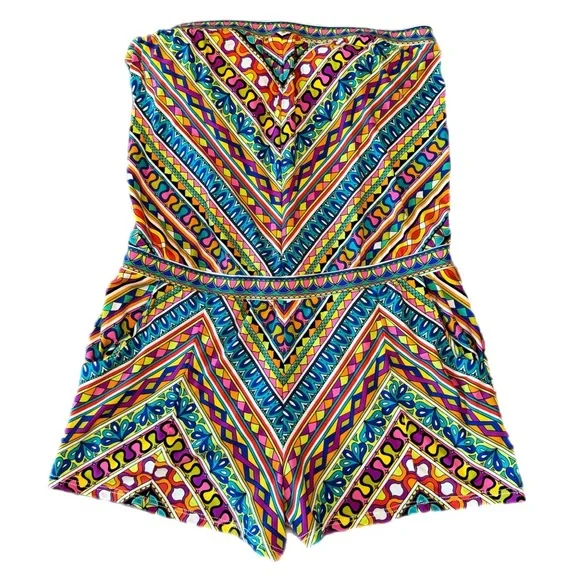 Trina Turk Peruvian Stripe Swimsuit Romper Cover Up Multicolor Halter Top Size M - Picture 3 of 14